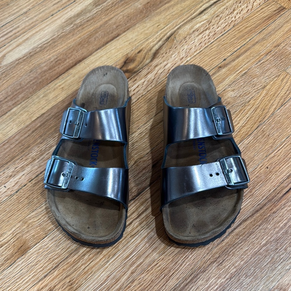 Metallic Silver Double Strap Sandals